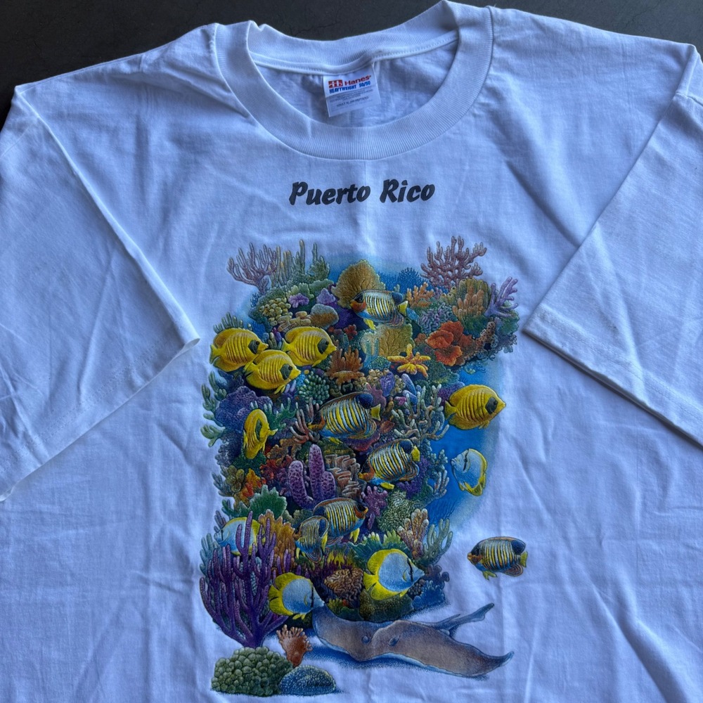 Vintage Hanes Puerto Rico Fish Coral Reef T-Shirt White XL Heavyweight 50/50